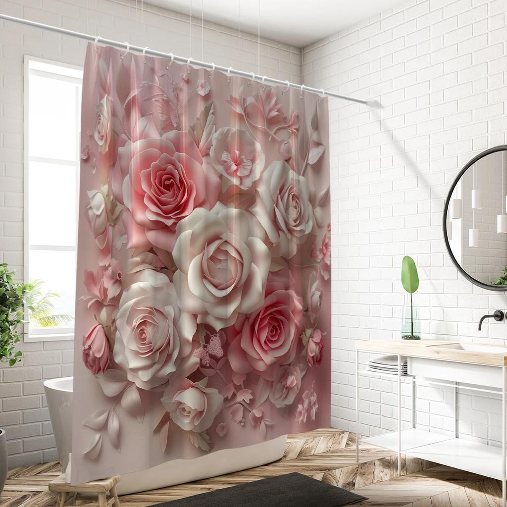 1PC 3D floral pattern printed shower curtain, with 12 hooks, suitable for bathroom showers, bathtub, home use