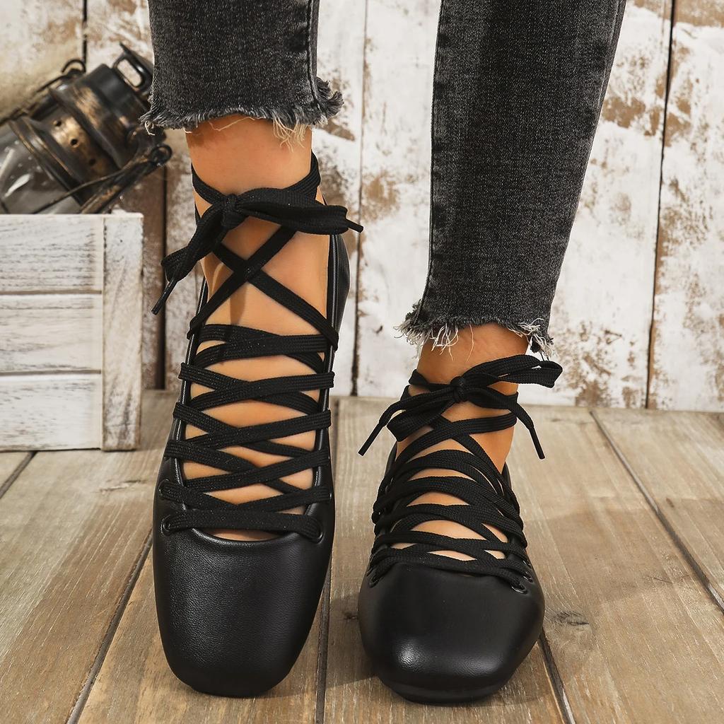 Fashion Outdoor Elegant Lightweight Lace Up Shoes Women Casual Ankle Strap Comfortable Square Toe Flats Loafers 2024 Shoes for Women