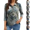 Damenmode Lässig Revers Kurz 3/4 Ärmel Print Hemd Damen Knopfleiste Oberteile