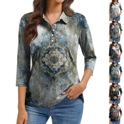 Women's Fashion Casual Lapel Short 3/4 Sleeve Print Shirt Women's Button Up Tops