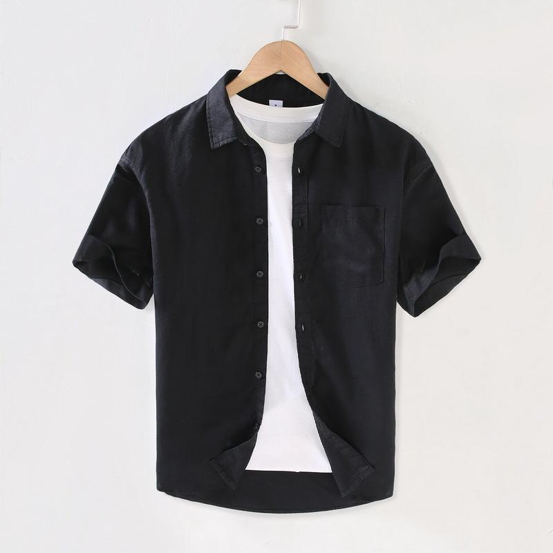 Cotton Linen Summer Shirt Japanese Style Men's Short Sleeve Shirt Beach Men Tops Square Pocket Blue Button Shirt Daily Causal Shirt