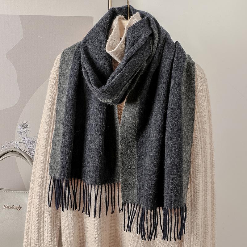 35x196cm Men's 100% Wool Ombre Gradient Scarf Thick Winter Warm Neck Wrap Dual-Color Fall Winter Accessory for Men