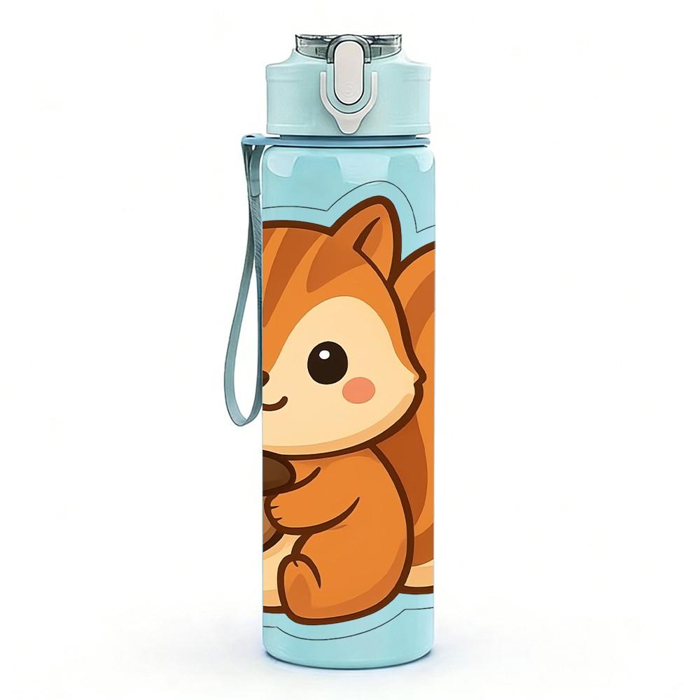 1PC Cute Sitting Squirrel Cartoon Print 750ml Color Plastic Sports Water Bottle Leakproof Flip Straw Lid Suitable for Sports Office Home Use