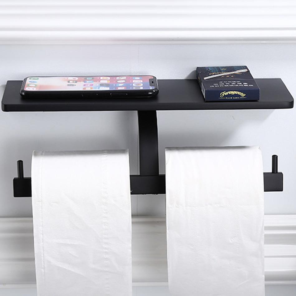 Double Paper Holder with Shelf Black Grey Aluminum Wall Mounted Bathroom Kitchen WC Paper Towel Roll Rack Storage Tissue Holder