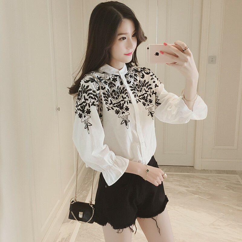 Female Long Women Sleeve Embroidery Blouse Shirt Korean Flower Tops Shirt Fresh