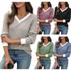Women's Long Sleeve Knit Top V Neck Casual Chic Contrast Color Ribbed Knit Blouse