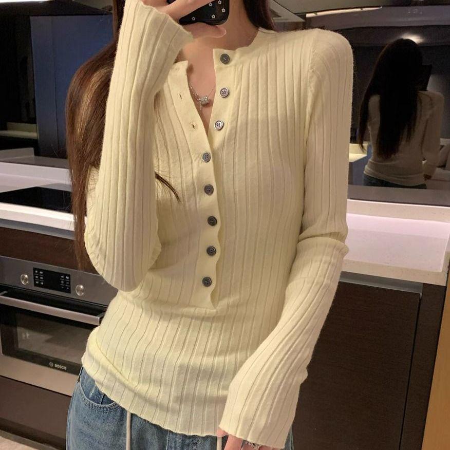 Women's Slim Fit Long Sleeve Knit Top with Half-Open Collar - 2025 Autumn/Winter Trend