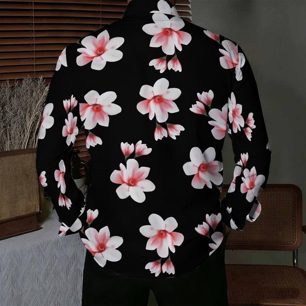 Herren Hemd mit Kragen Schwarz Weiß Rosa Magnolien Blumenmuster Langarm Knopfleiste Oberteil