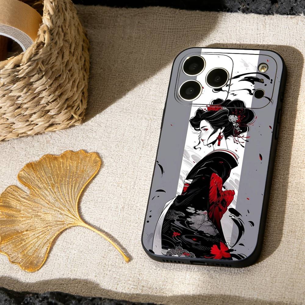 Japanese Samurai Geisha Phone Case For iPhone 17,16,15,14,13,12,11 X XR Plus,Soft Silicone Black Cover