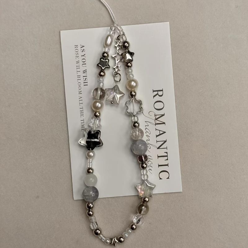 

Fashion Silver Star Pearl Beaded Beaded Pendant Phone Strap Charm For iPhone Samsung Universal Accessories Chain Lanyard Gift Lanyard