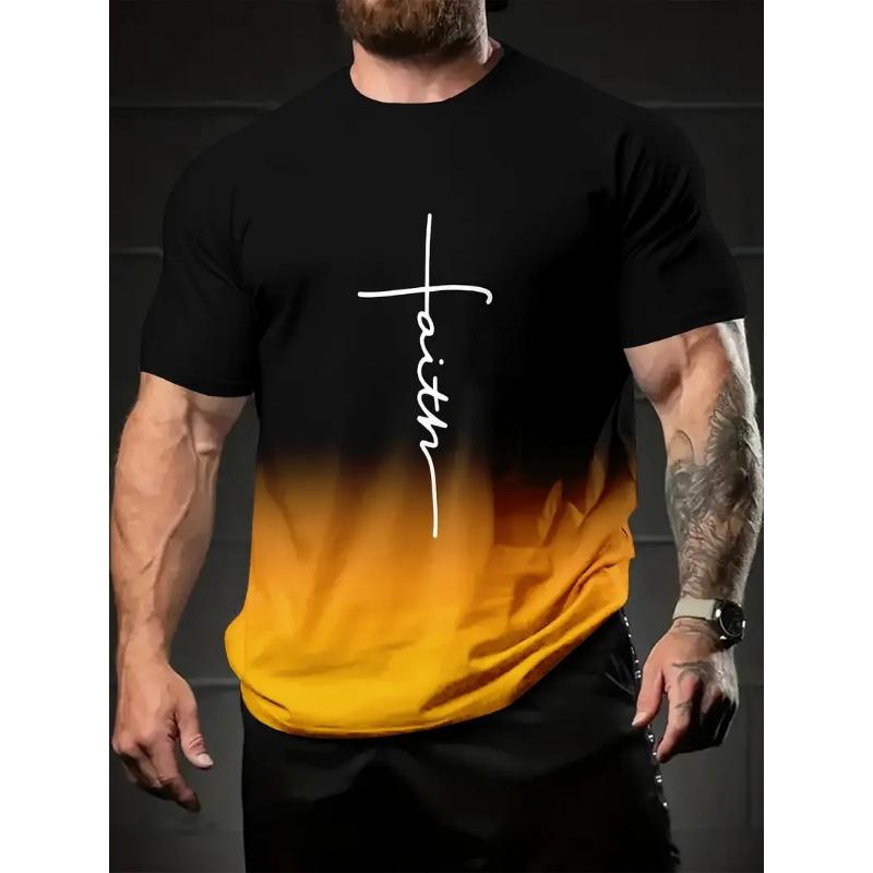 Summer Round Neck 3D Gradient letters Print Top Fashionable Casual Short Sleeved Men's T-shirts