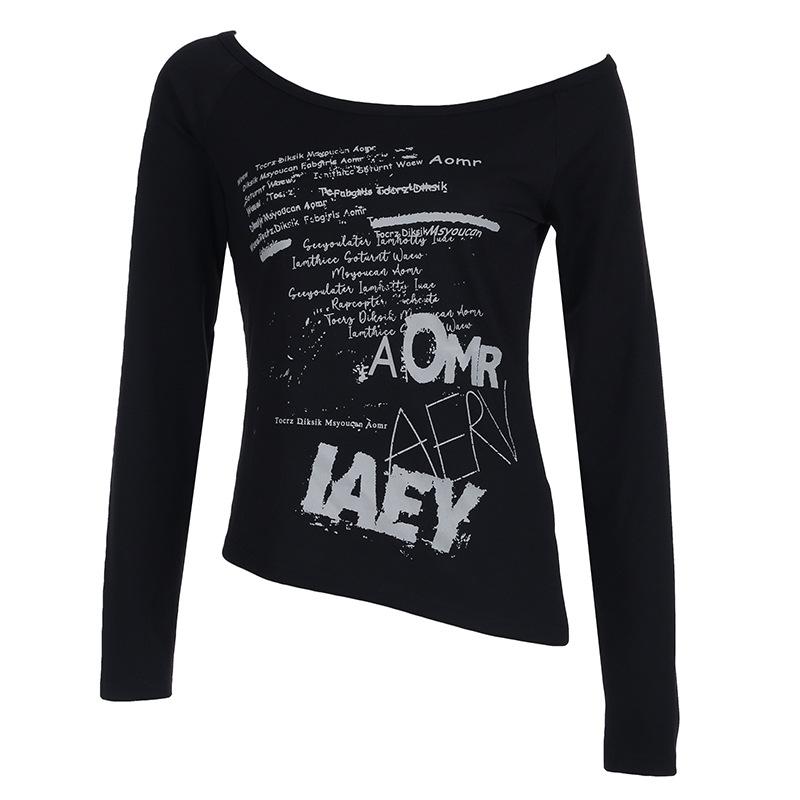 

Принтованный Диагональный Воротник Свободный Длинный рукав Персонализированный Универсальный и Тонкий Топ S чёрный