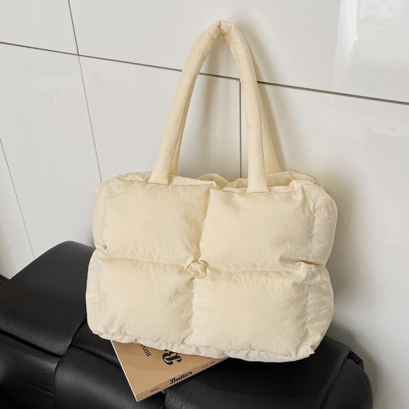 Autumn/Winter Plaid Nylon Padded Tote: Casual, Versatile, Large Capacity Shoulder Handbag