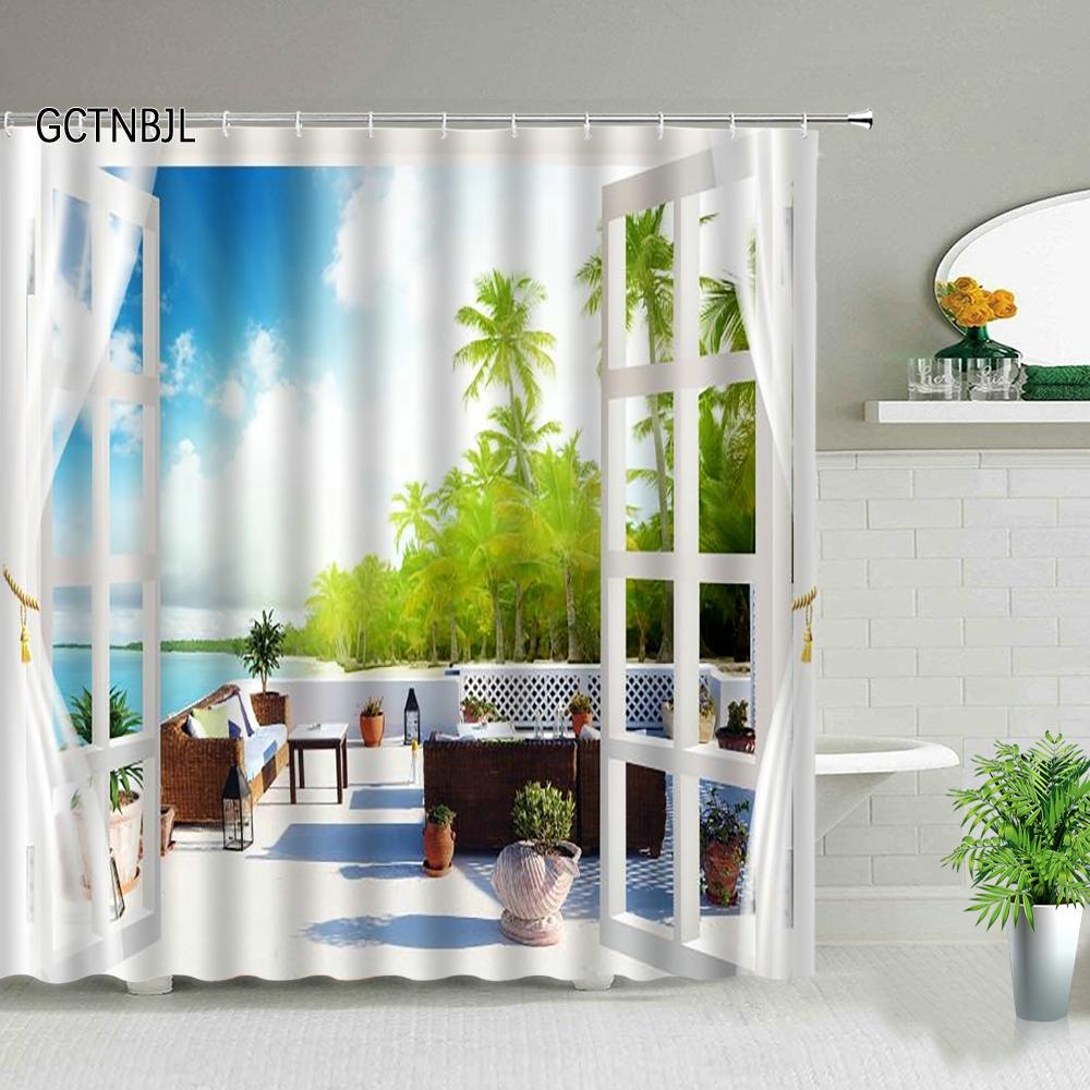 Ocean Scenery Shower Curtains Ldyllic Building Flower Plant Spring Landscape Bathroom Curtain Waterproof Fabric Bathtub Screen