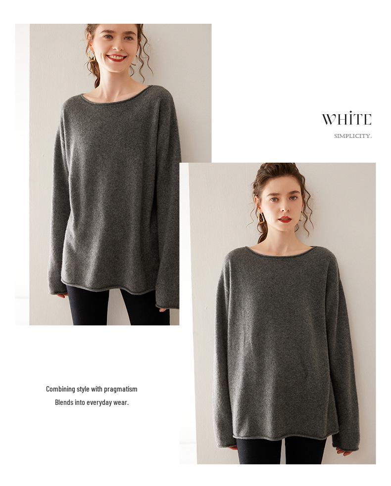 Women's Long Sleeve One-Shoulder Cashmere Knit Sweater - Mid-Length, Rolled Edge, Autumn/Winter Collection
