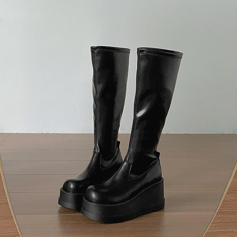 Winter Platform Wedges Heel Women Knee High Boots Fashion Back Zippers Shoes Cosy Soft Leather Long Booties