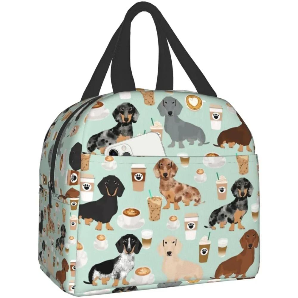 Roztomilá barevná káva jezevčík opakovaně použitelná izolovaná taška na oběd chladicí taška tote box kontejner s přední kapsou pro ženu muže