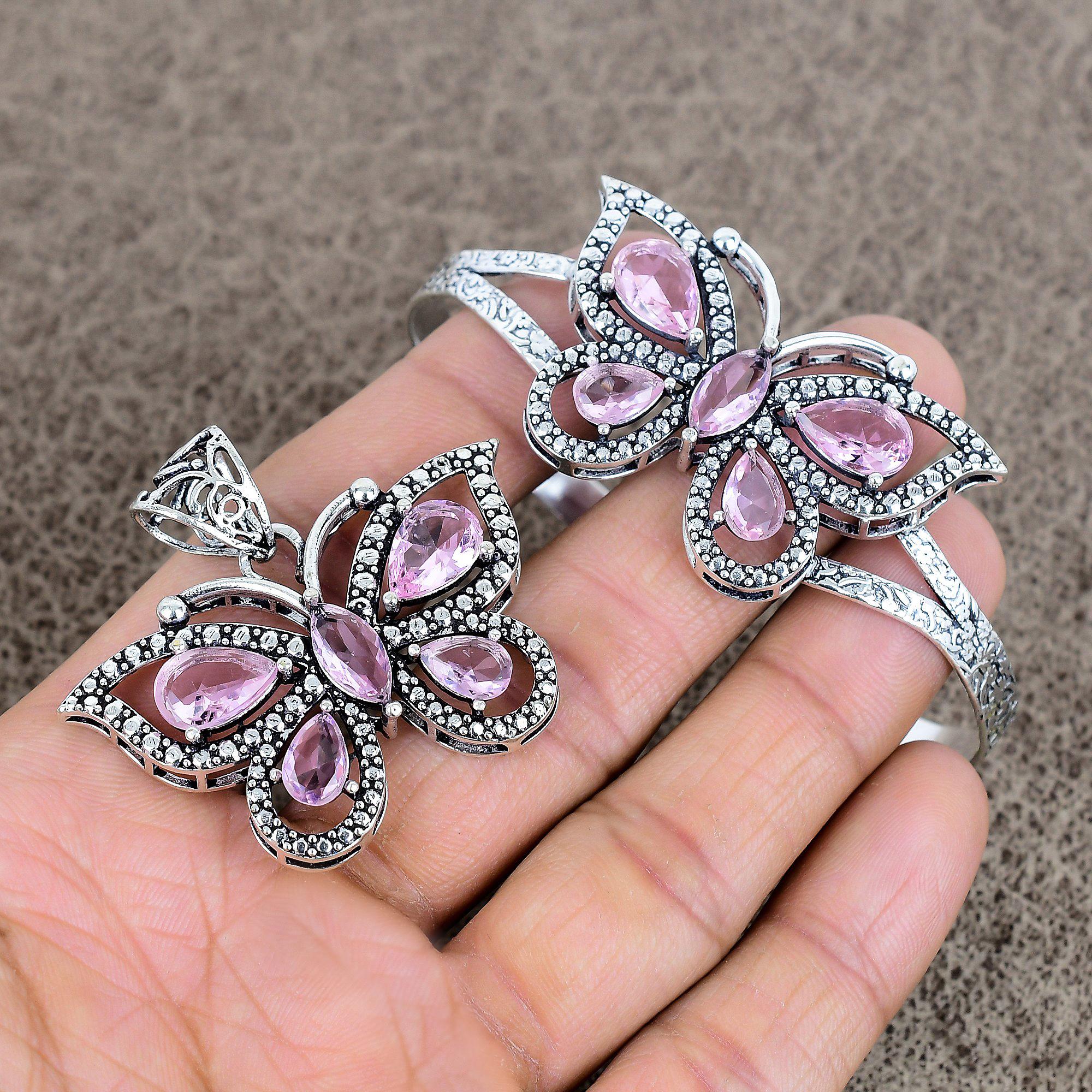 

Pink Kunzite Gemstone Handmade 925 Sterling Silver Jewelry Set KKG-96