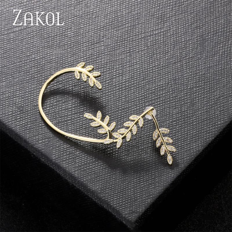 ZAKOL Gold Color Plated Metal Leaf Clip Earrings for Women Ear Clips Without Piercing Sparkling Zircon Ear Cuff Fashion Zircon