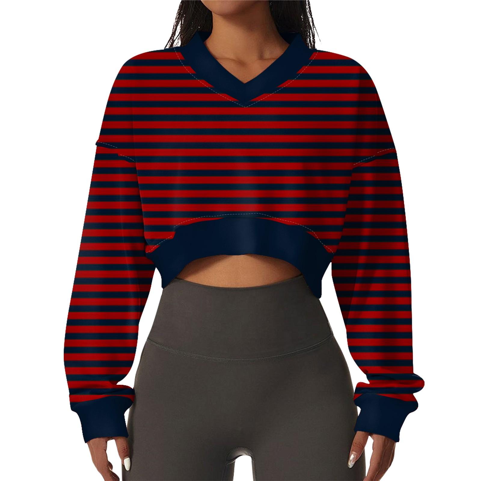 

Женская повседневная модная сексуальная удобная спортивная толстовка с V-образным вырезом и длинным рукавом в полоску с графическим принтом XL винный