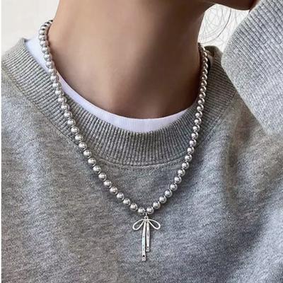 Simple High-end Versatile Bow Gray Pearl Necklace Niche Light Luxury Women's Collarbone Chain Internet Celebrity Necklace