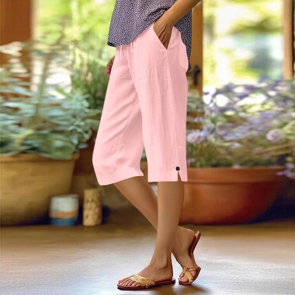 Pants For Women Casual Summer Solid Color Elastic High Waist Cotton And Linen Loose Pants Drawstring Pocket Mid Leg Pants