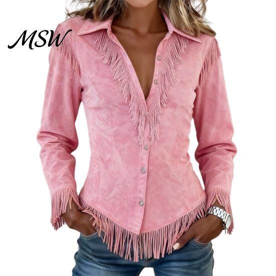 Western Cowgirl Outfit Women Tassel Shirt for Autumn, Button Down Slim Fit Fringe Elegant Date Night Shirts Blouse, Solid Color Casual Long