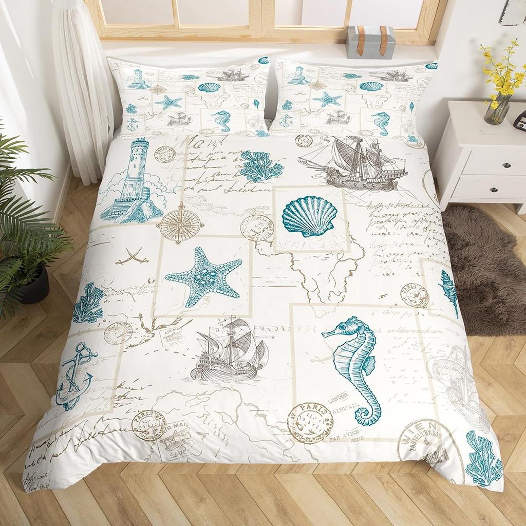 Ocean Coastal Bedding Duvet Cover Set Queen Size  Set Conch Seahorse Starfish Coral 3 Pcs For Kids Girls Boys Woman Room Decor