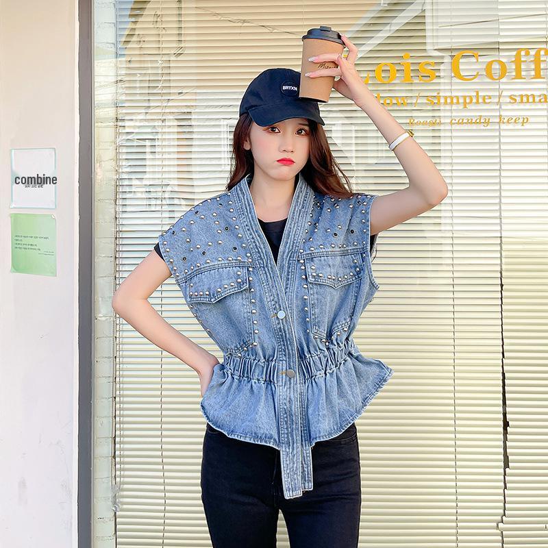 Sommer Damen Unregelmäßiges Perlen-Taillenbetontes Ärmelloses Jeans-Westen-Top