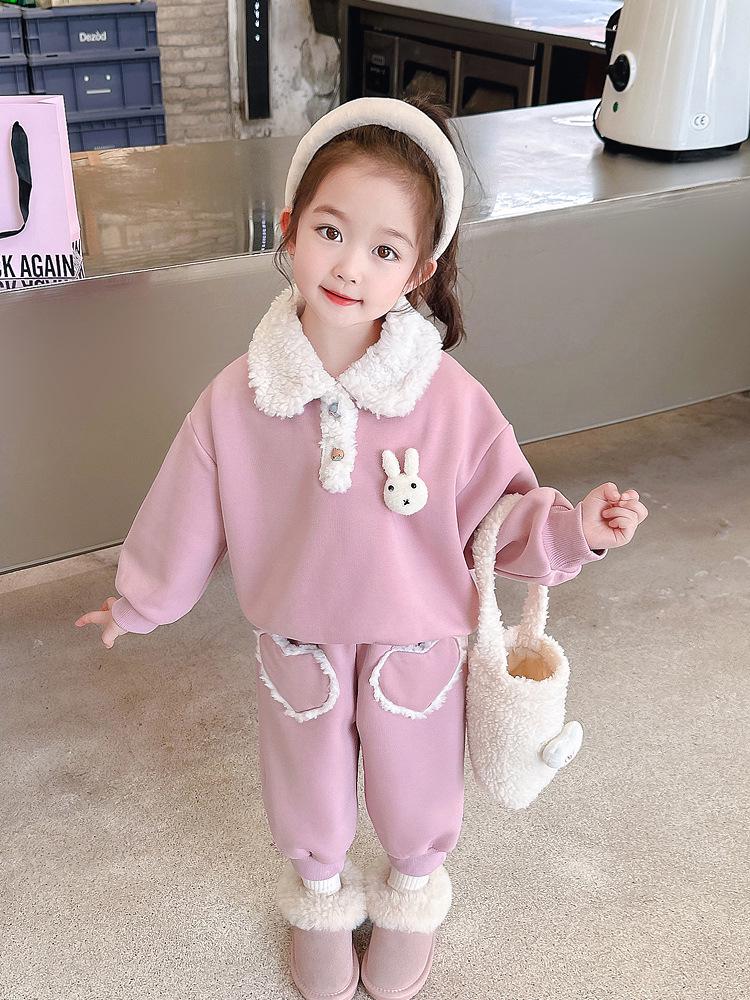 2025 New Style Baby Girls' Fleece-Lined Cartoon Outfit - Thickened Autumn/Winter Fashion