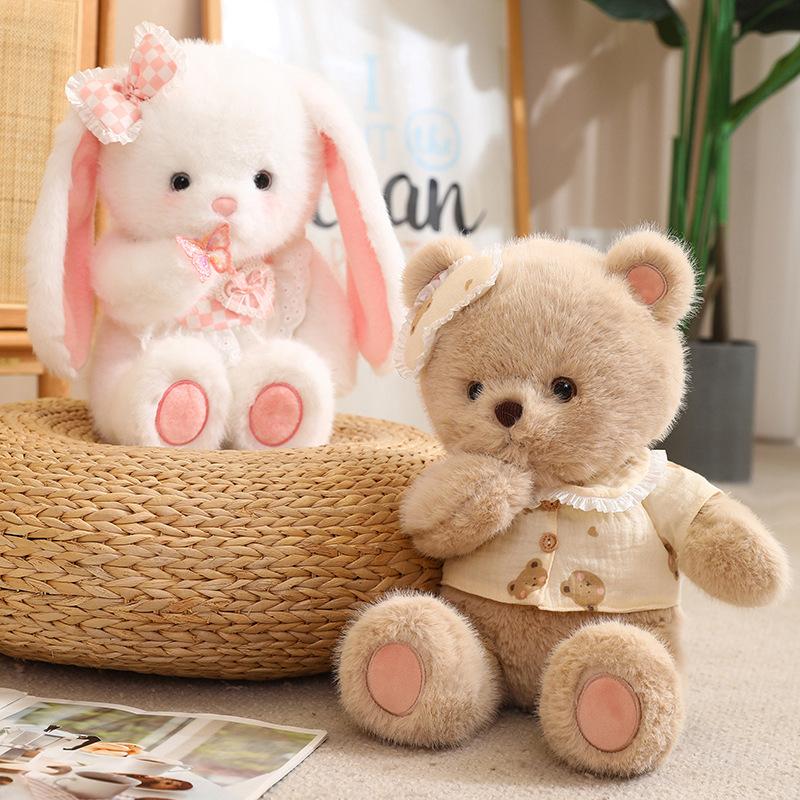 Flauschiges Plüsch Weißer Teddy Braunbär Weißes Baby Kaninchen Fuchs mit Lätzchen Kleid Niedlich Lecker Kuscheltiere Kuschel Umarmungs Spielzeug