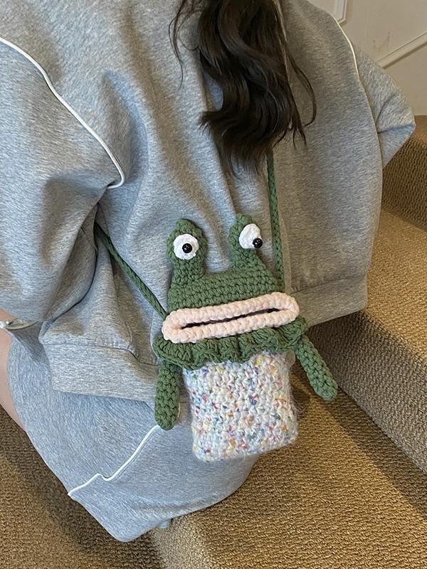 Cartoon Frog Cotton Handwoven Shoulder Bag With Cute Design For Daily Use