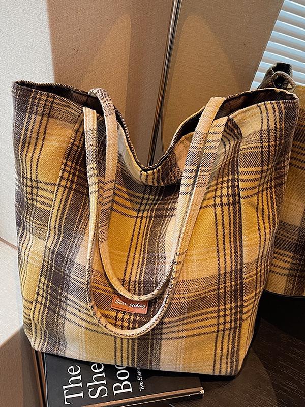 Korean Style Large Capacity Plaid Canvas Shoulder Bag for Women - Autumn/Winter 2025 Casual College Commute Tote