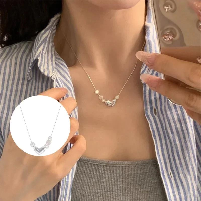 

925 Silver Love Heart Pearl Necklace for Women Gift Korean Versatile Simplicity Irregular Jewelry Dropshipping as picture