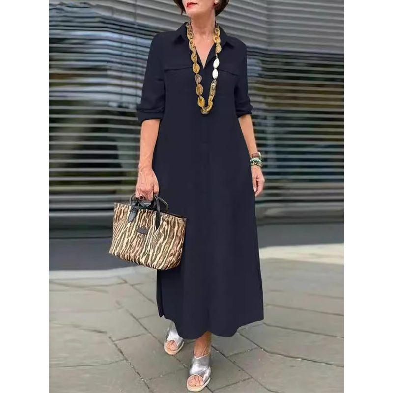 Loose Long-Sleeved Lapel Dress Elegant Solid Long sleeve Button Lapel Plus size dresses
