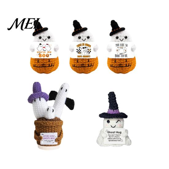 Thoughtful Care Package for Friends Hand Knitted Halloween Ghost Ornament, Crochet Plush Doll with Cute Desk Ornament Encouragement Card, Desktop