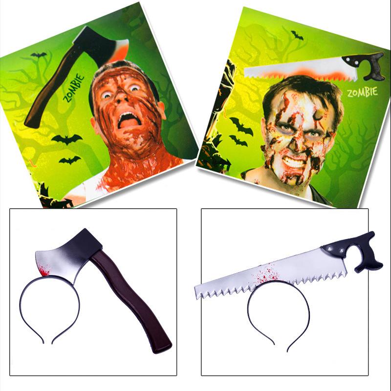Halloween Headband Hair Accessory Prank Fake Head Axe Headband with Costume Parties 3D Sharp Kitchen Knife Head Hair Accessory