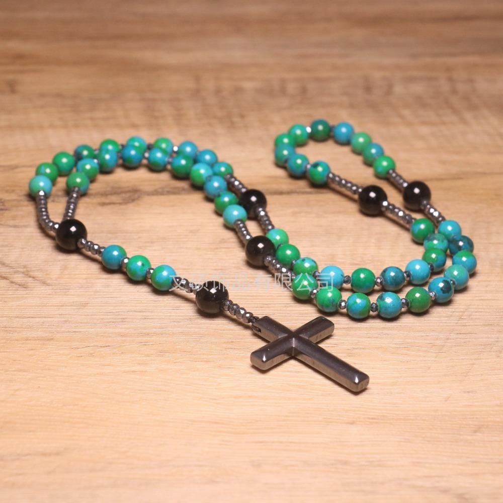 Collier pendentif croix en pierre naturelle, Croix en pierre d'œil de tigre et fer à bille chapelet collier pour homme