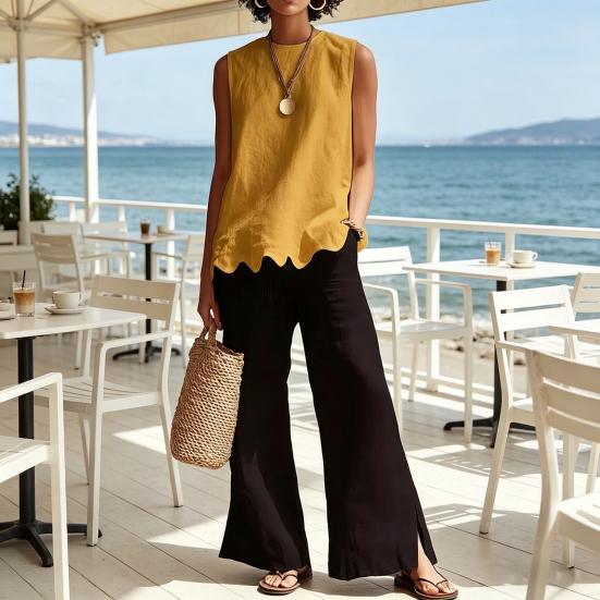 Ärmellose Damen-Tops Atmungsaktives Sommer-Top Lässiges Lockeres Top mit Wellensaum Bequemes Rundhals-Shirt für den täglichen Gebrauch Reisen