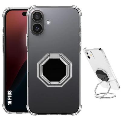 Case for iPhone 16 Plus, Transparent Shockproof with Silver Metal Foldable Stand