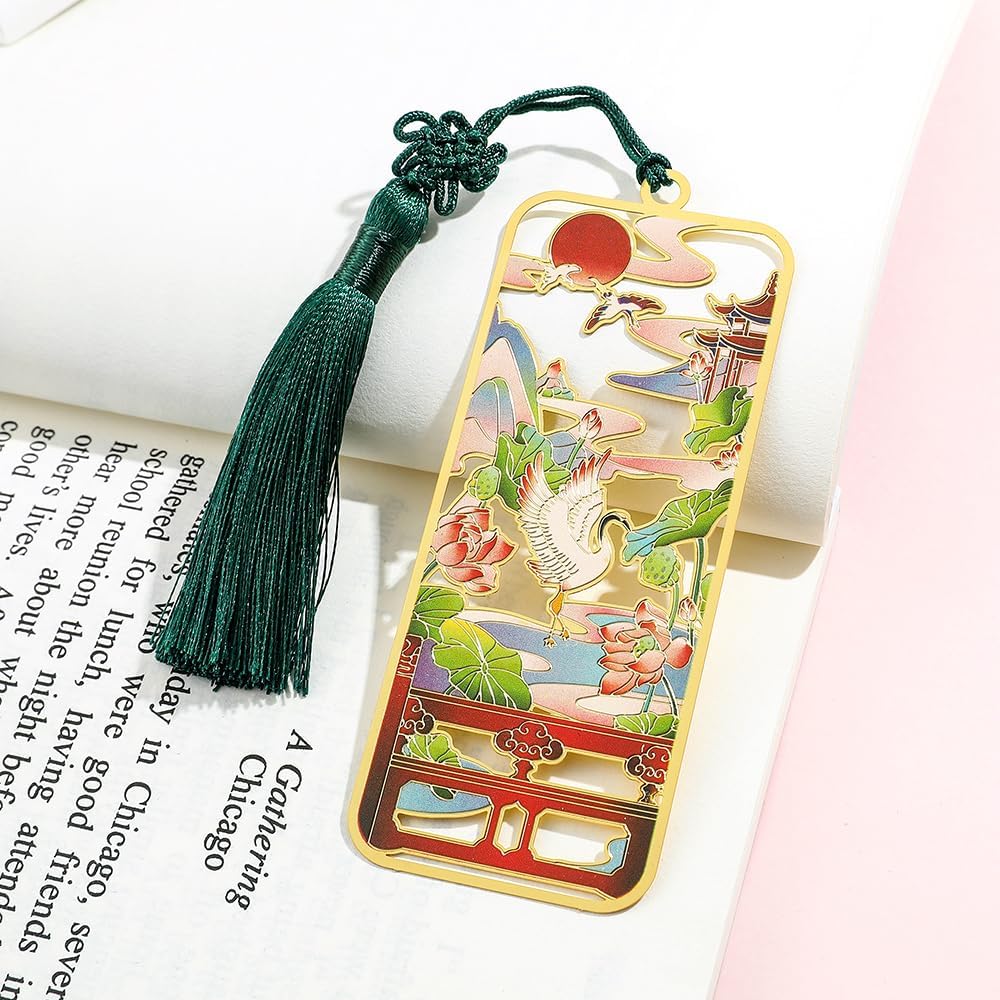 Ancient Chinese Palace Art Bookmarks, Cat Carp Flying Crane Lotus Bookmarks with Tassels, Boxed Gifts for Book Lovers Collection