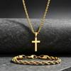 Temu Stainless Steel Hip Hop Cross Pendant Necklace & Bracelet Set