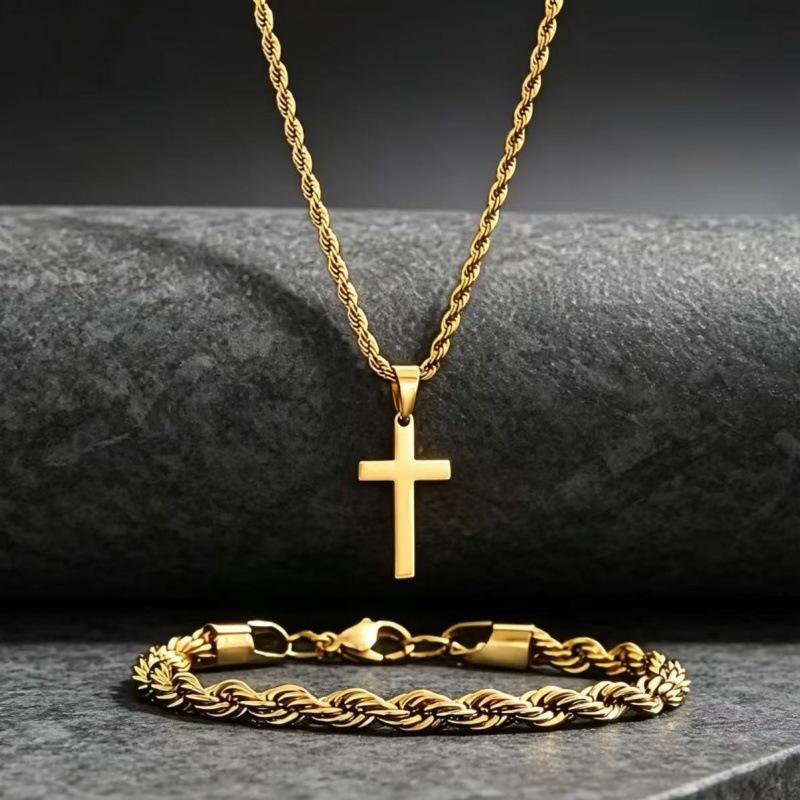 Temu Stainless Steel Hip Hop Cross Pendant Necklace & Bracelet Set
