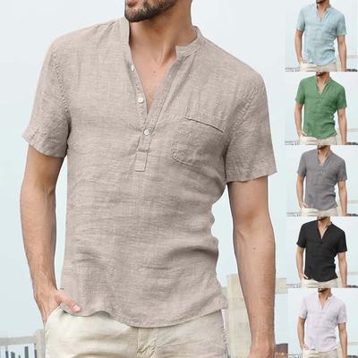 Designer Spring Summer Men's Casual Cotton Linen Solid Color Short Sleeve Shirts Loose Stand Collar Shirts