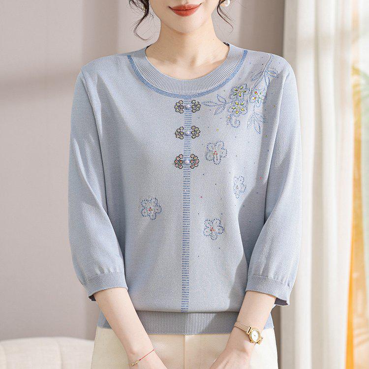 

Chic Plus Size Round Neck Sweater for Middle-Aged Women - Comfortable 3/4 Sleeve Knitwear 2XL синій