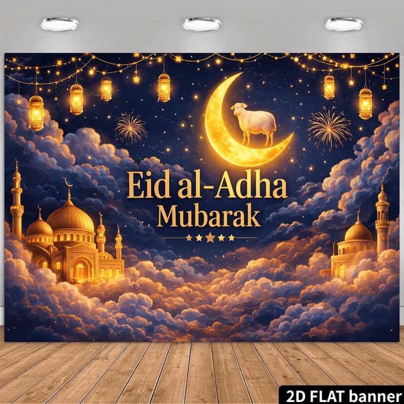 

2D Eid Mubarak Crescent Moon & Sheep Photography Background 47.2x31.5inch/120*80cm