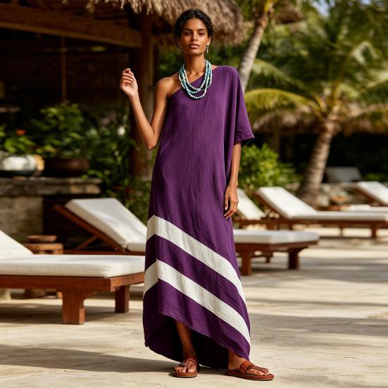 Women One Shoulder Maxi Dress, Color Block Casual Loose Long Dress, Summer Beach Vacation Flowy Sundress with Pockets