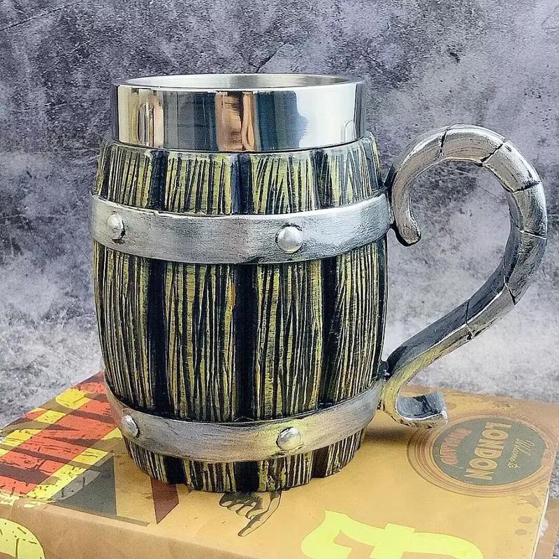 Viking Vintage Oak Barrel Beer Mug Stein with Stainless Steel Liner Coffee Cup Tea Mug Large Capacity Mug Pub Bar Party Gift
