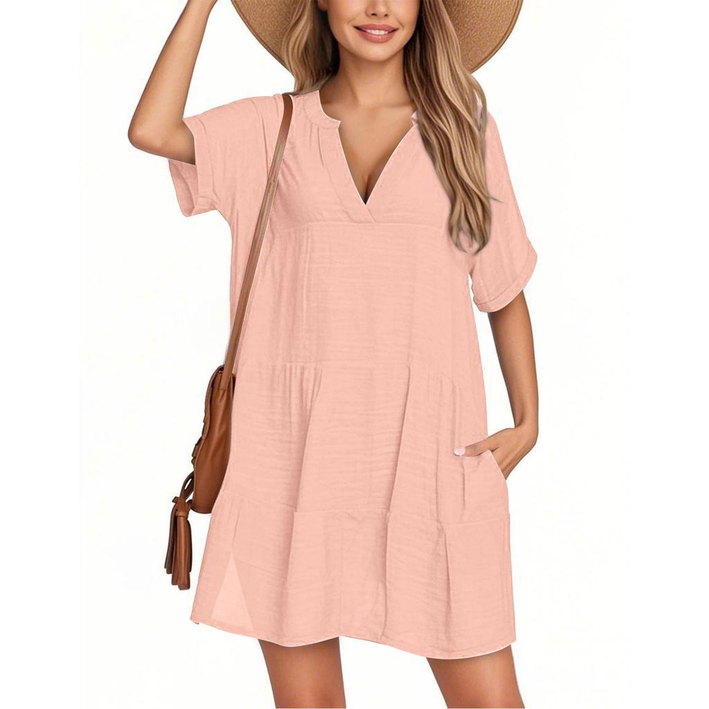 Women's Fashion Smock Casual Short-sleeved V-neck T-shirt Dress Holiday Beach Dress