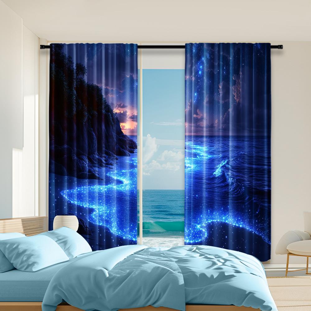 

Set Of 2 Versatile Polyester Transparent Curtains Home Decoration Beach Night Scene Theme Use Bedrooms Living Rooms Curtain For Area Made W100*H70(CM)-Rod Pocket&1PCS